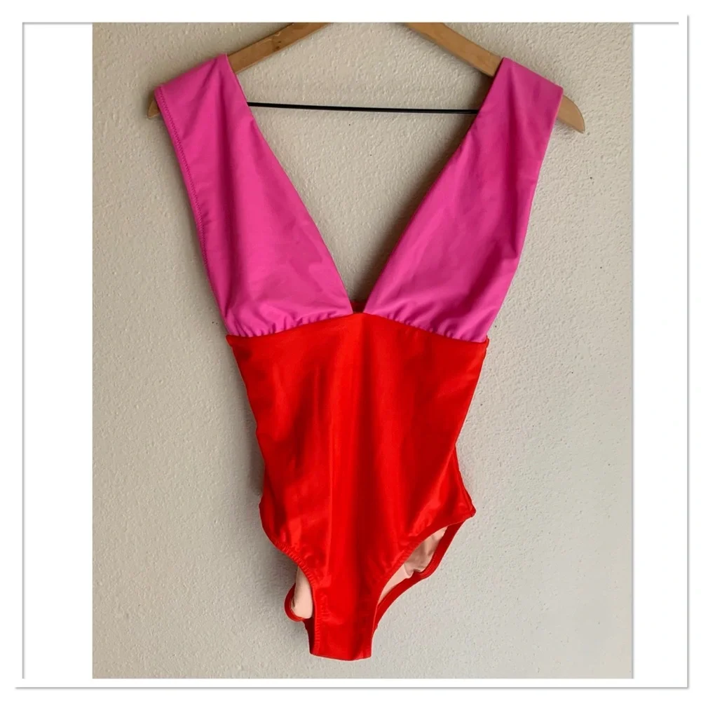 J.Crew Color Block V Neck One Piece Swimsuit Pink Red Size Small